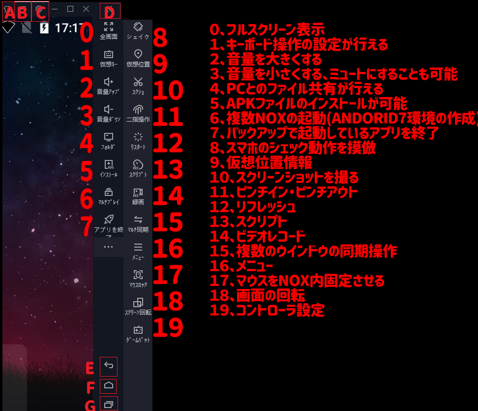 Noxplayerのツールバー デフォルトショートカットキーの説明 Noxplayer